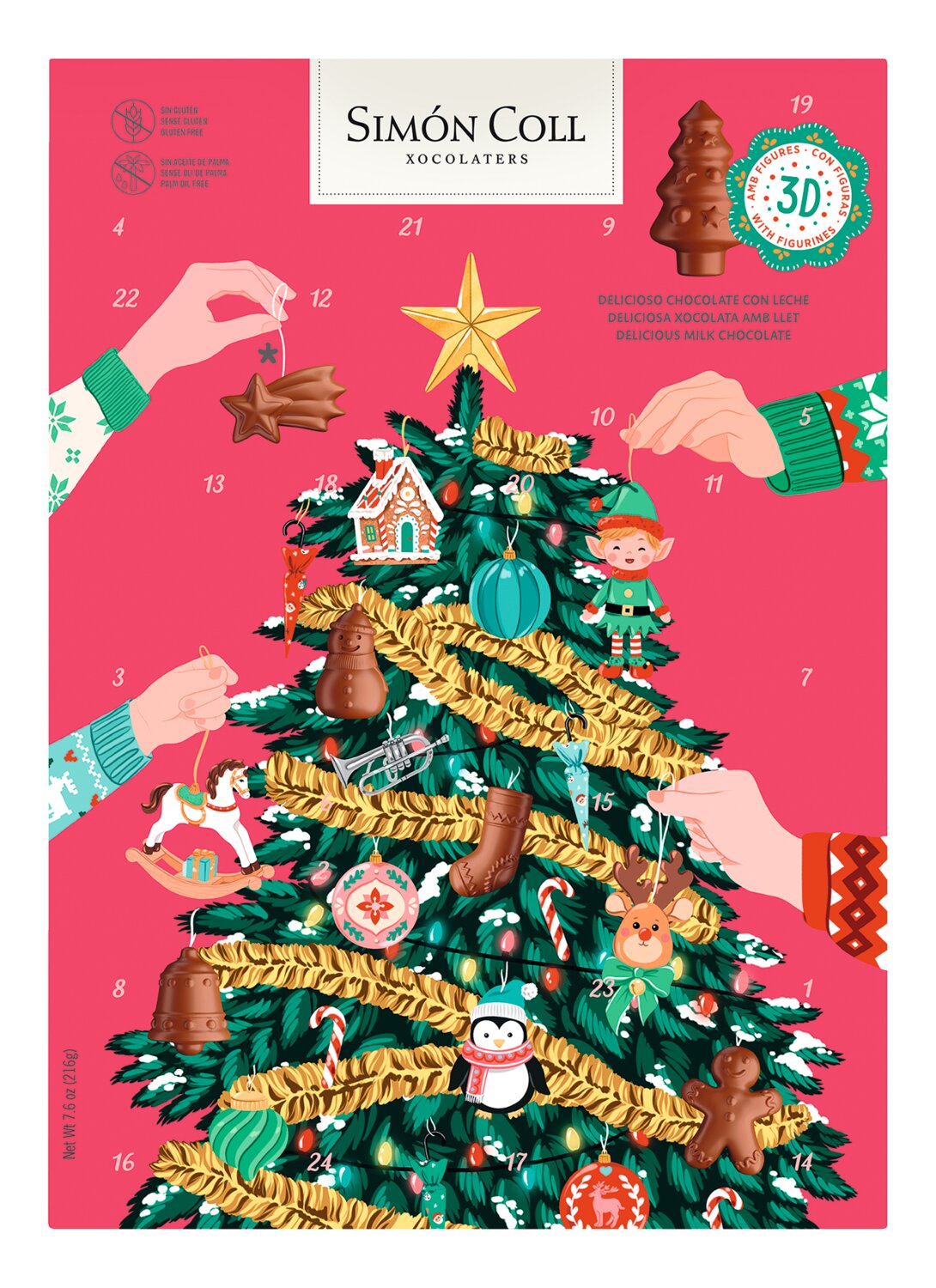 Simon-Coll-Adventskalender-Weihnachtsbaum-216g.webp Simón Coll Adventskalender Weihnachtsbaum mit 24 3D-Vollmilchschokoladenfiguren 216 g